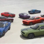 Muscle car with challenge stripes for a racing-inspired look.