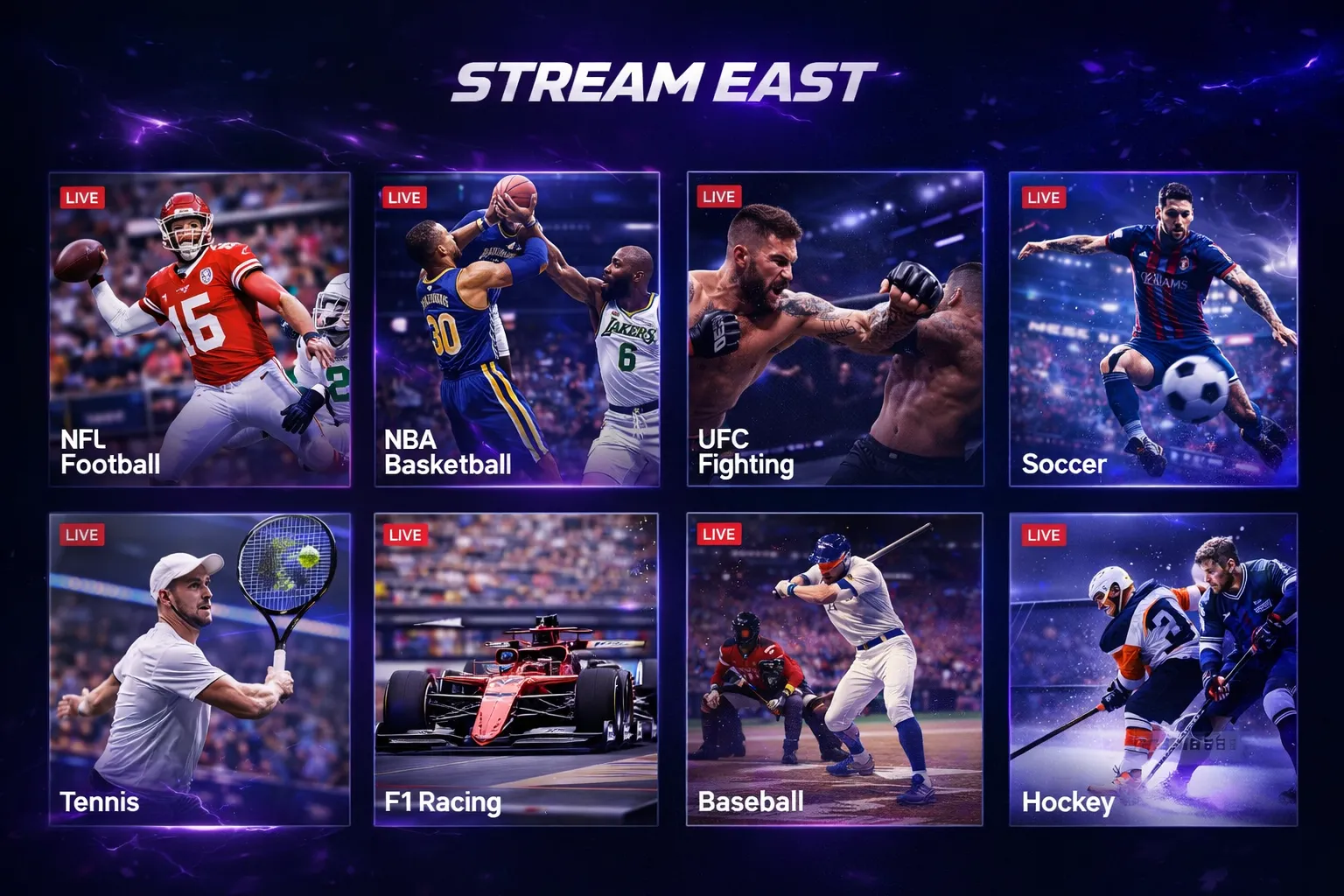 Stream East 2026 free sports streaming platform showing NFL NBA UFC football tennis and F1